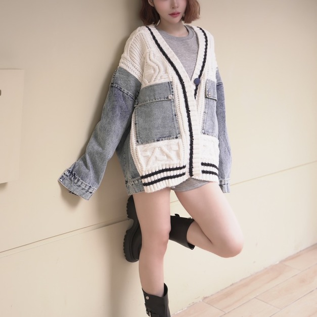 學院風拼接牛仔針織鈕釦大外套 (2色)