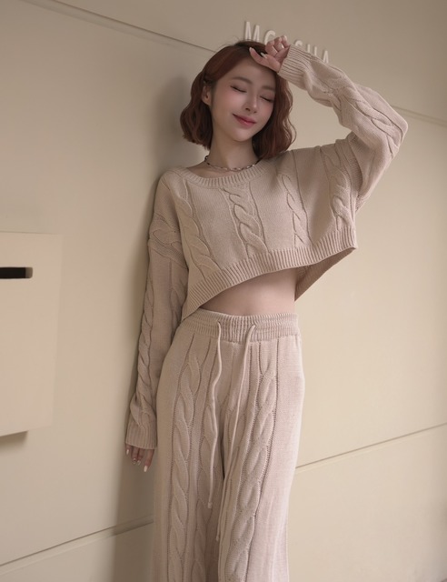 針織麻花長袖上衣搭配鬆緊針織寬褲(4色)