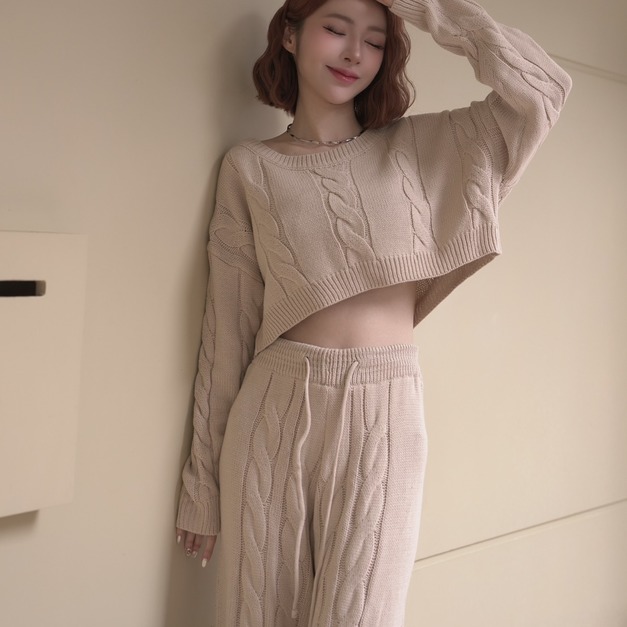 針織麻花長袖上衣搭配鬆緊針織寬褲(4色)