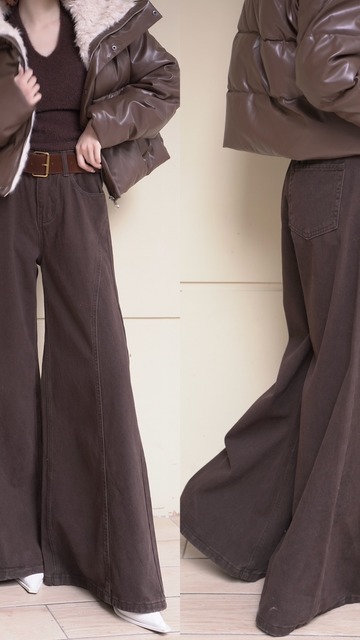 時髦咖啡色高腰修身牛仔寬褲S~XL