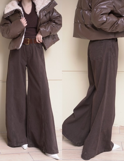 時髦咖啡色高腰修身牛仔寬褲S~XL
