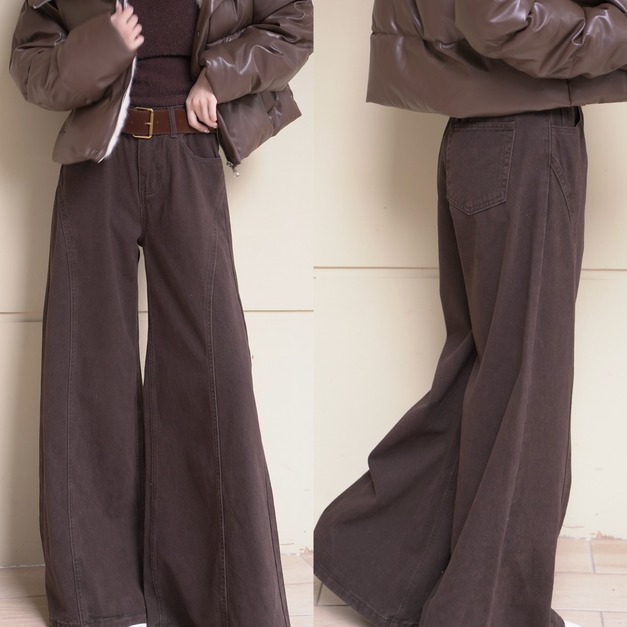 時髦咖啡色高腰修身牛仔寬褲S~XL