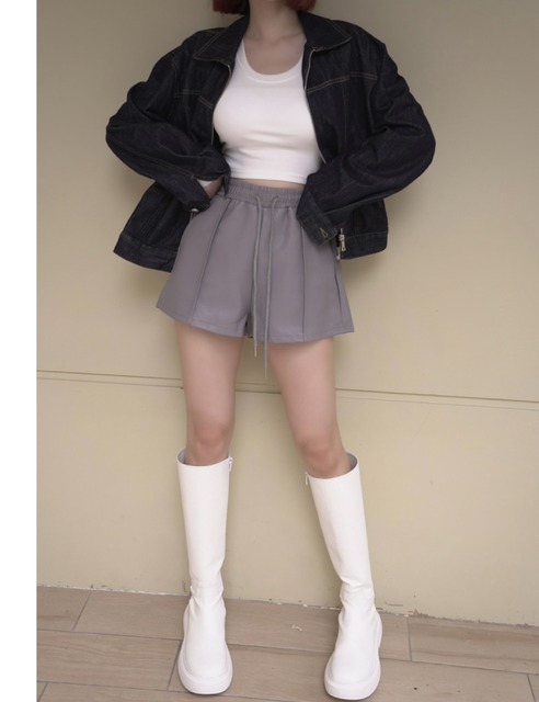 鬆緊抽繩皮短褲(4色)