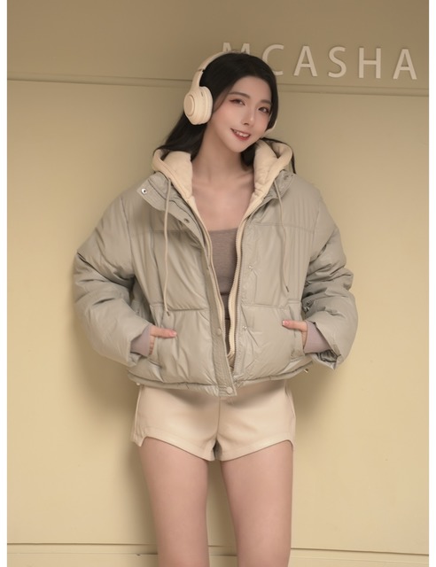 時髦拼色棉質連帽鋪棉外套(2色)