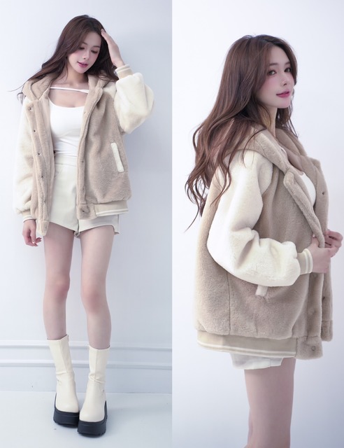 毛茸茸排釦棒球連帽鋪棉外套(3色)