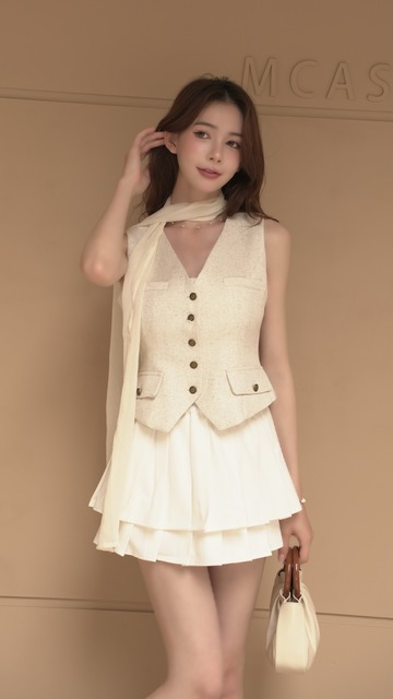 氛圍感絲帶搭配無袖質感鈕釦上衣 (2色)