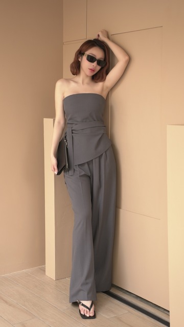 西裝綁帶抹胸搭配高腰寬褲S~L (2色)