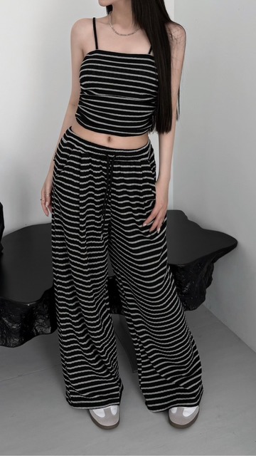 休閒橫條胸墊背心♡鬆緊抽繩寬褲(3色)