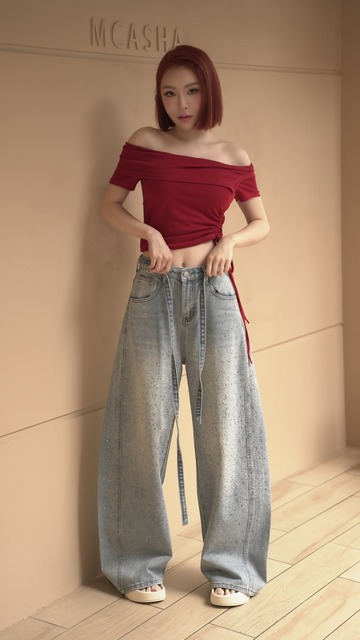 抽繩單面時髦鑽鑽牛仔寬褲S~L