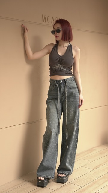 漸層彈立棉胸墊抓皺綁脖背心(3色)