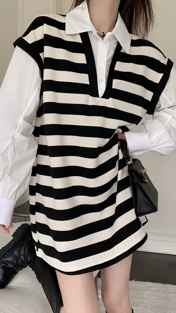 假兩件襯衫領橫條onepice