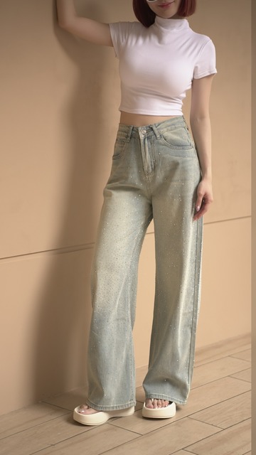 滿鑽雙面高腰牛仔寬褲S~L (2色)