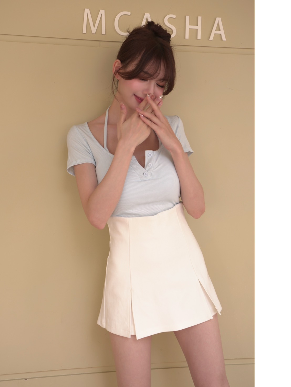 ➤吊脖鈕釦胸墊棉質短版上衣（5色）