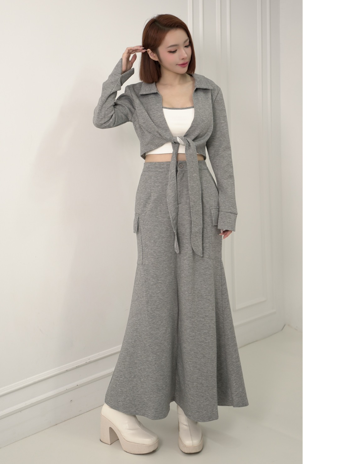 太空棉氣質鬆緊魚尾長裙綁帶外套副胸墊背心(3色)