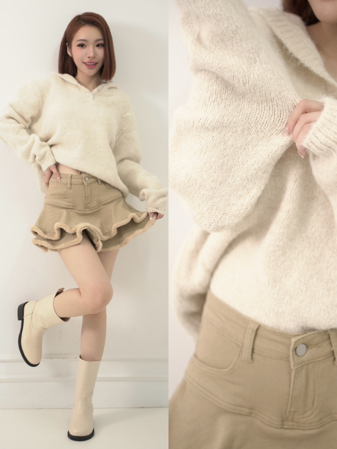 好感保暖韓國小釦連帽長袖針織上衣（2色）