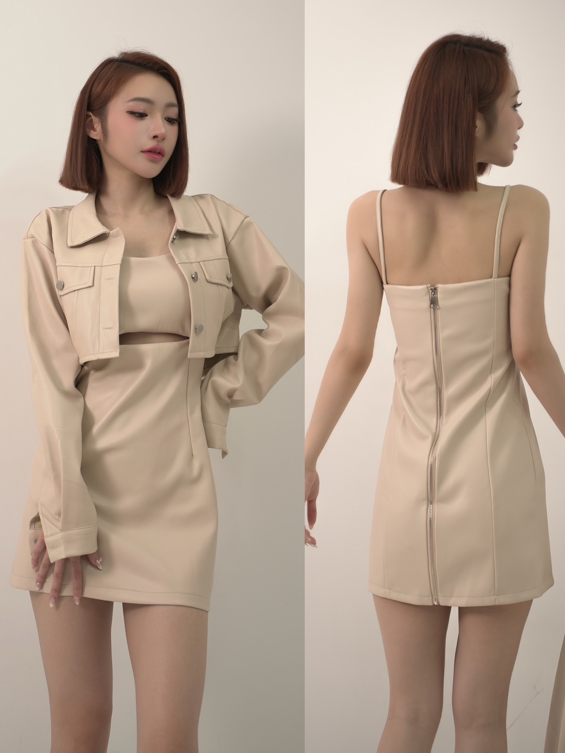 鏤空短洋搭配排釦短版皮外套S-M(2色）