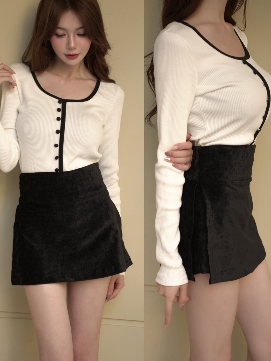 ➤光澤感絨面絲滑開岔短褲裙(3色)