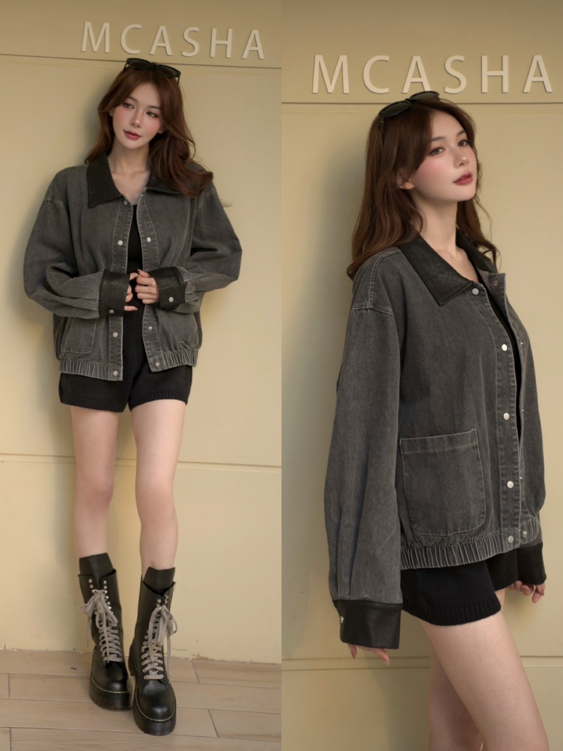 ➤時髦菱格翻領排釦牛仔外套