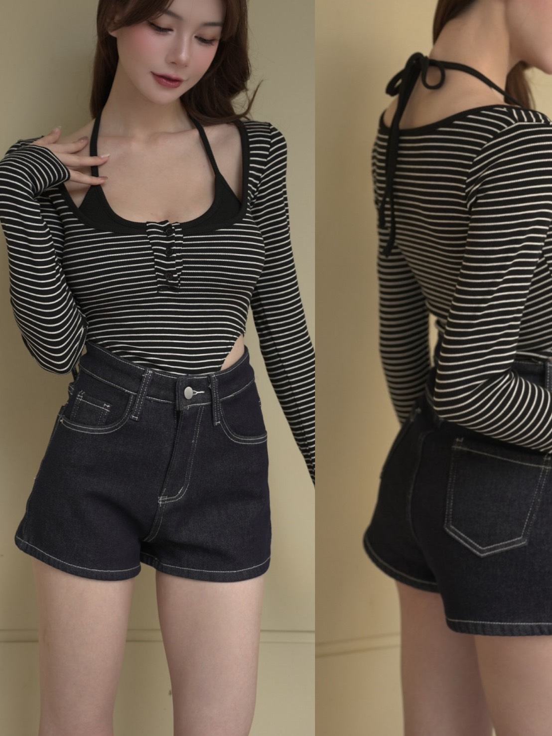 ➤綁脖胸墊橫條美式包屁衣