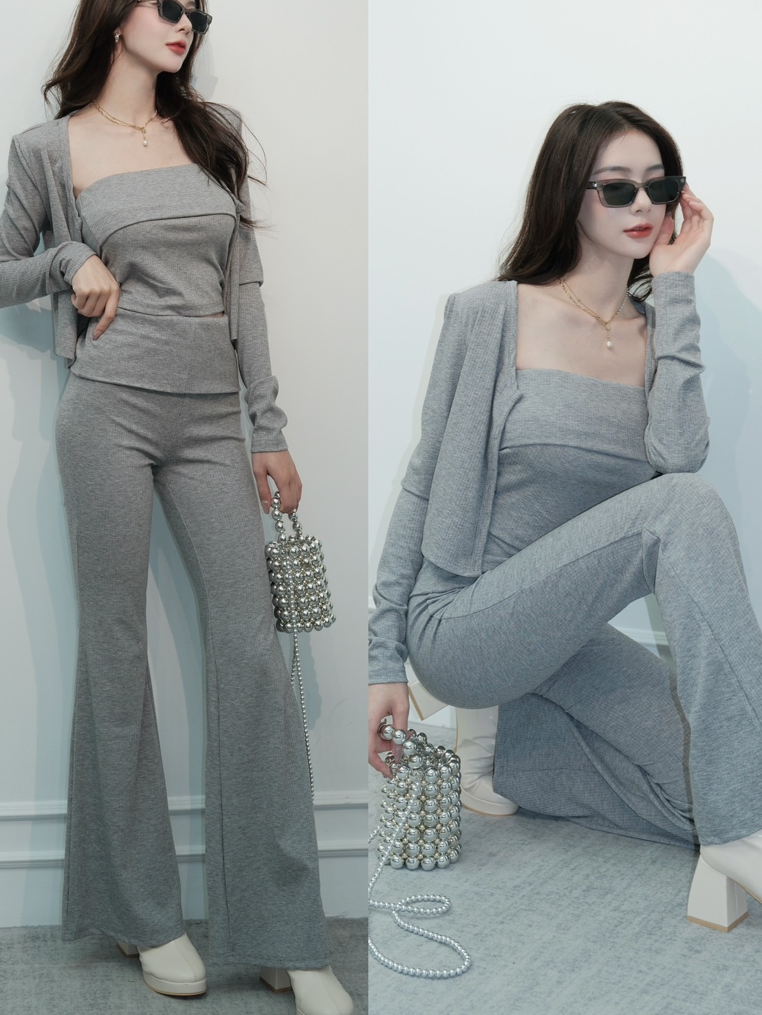 ➤甜辣風時髦翻領背心搭配喇叭長褲小外套(2色)