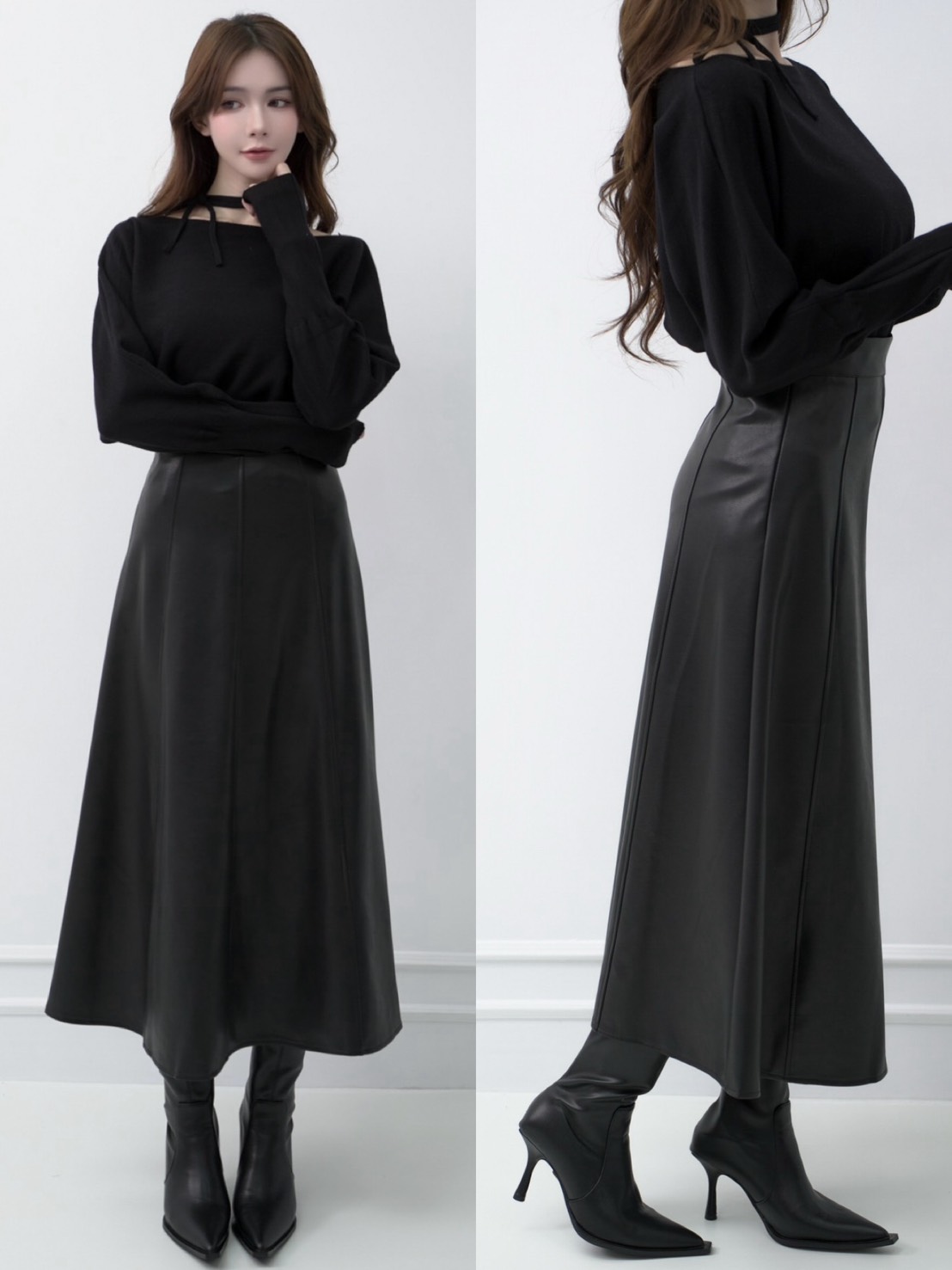 氣質A字下傘擺皮長裙S-L(2色）