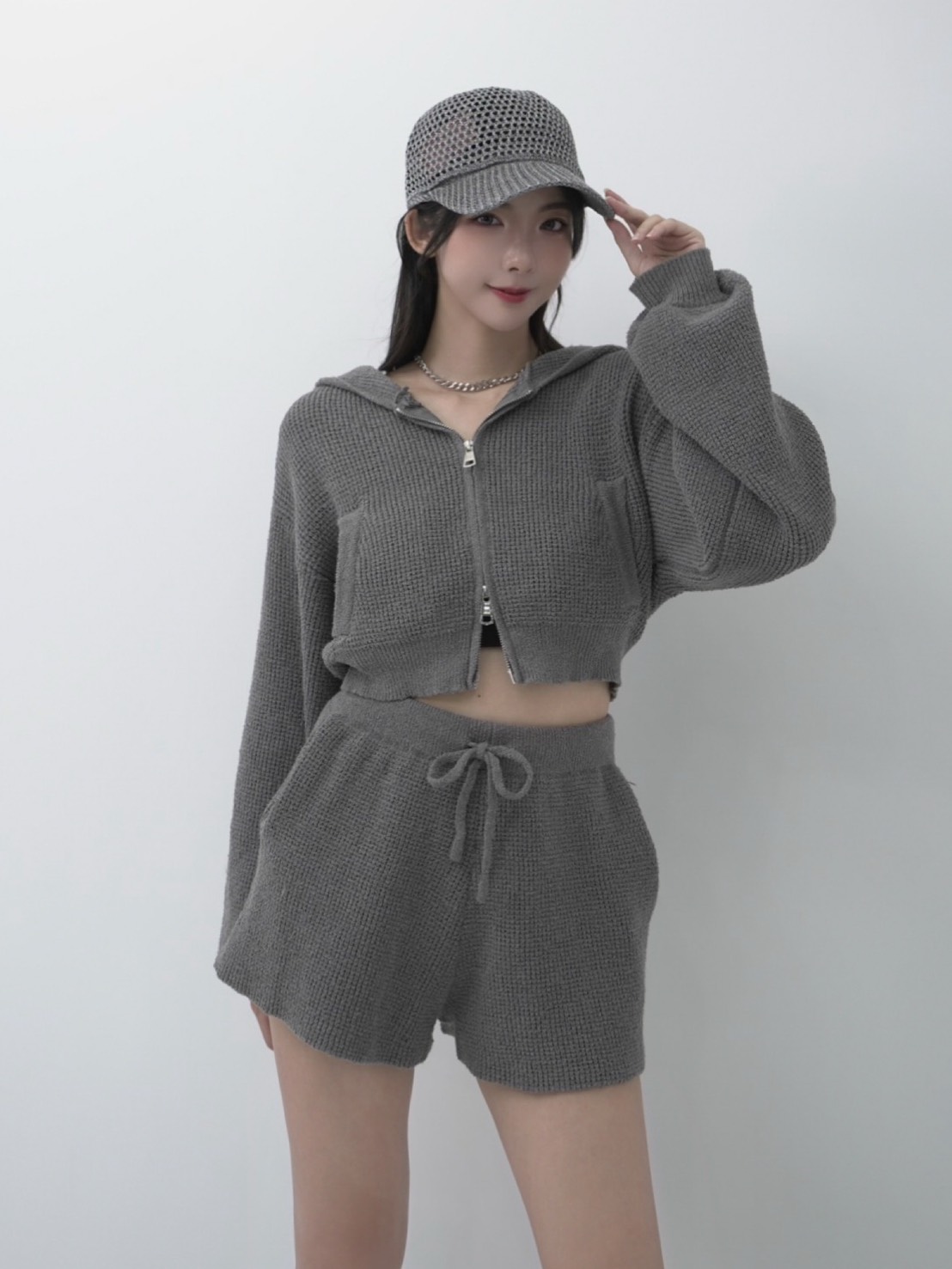 ➤鬆餅格針織防起球拉鍊外套搭配鬆緊短褲（3色）