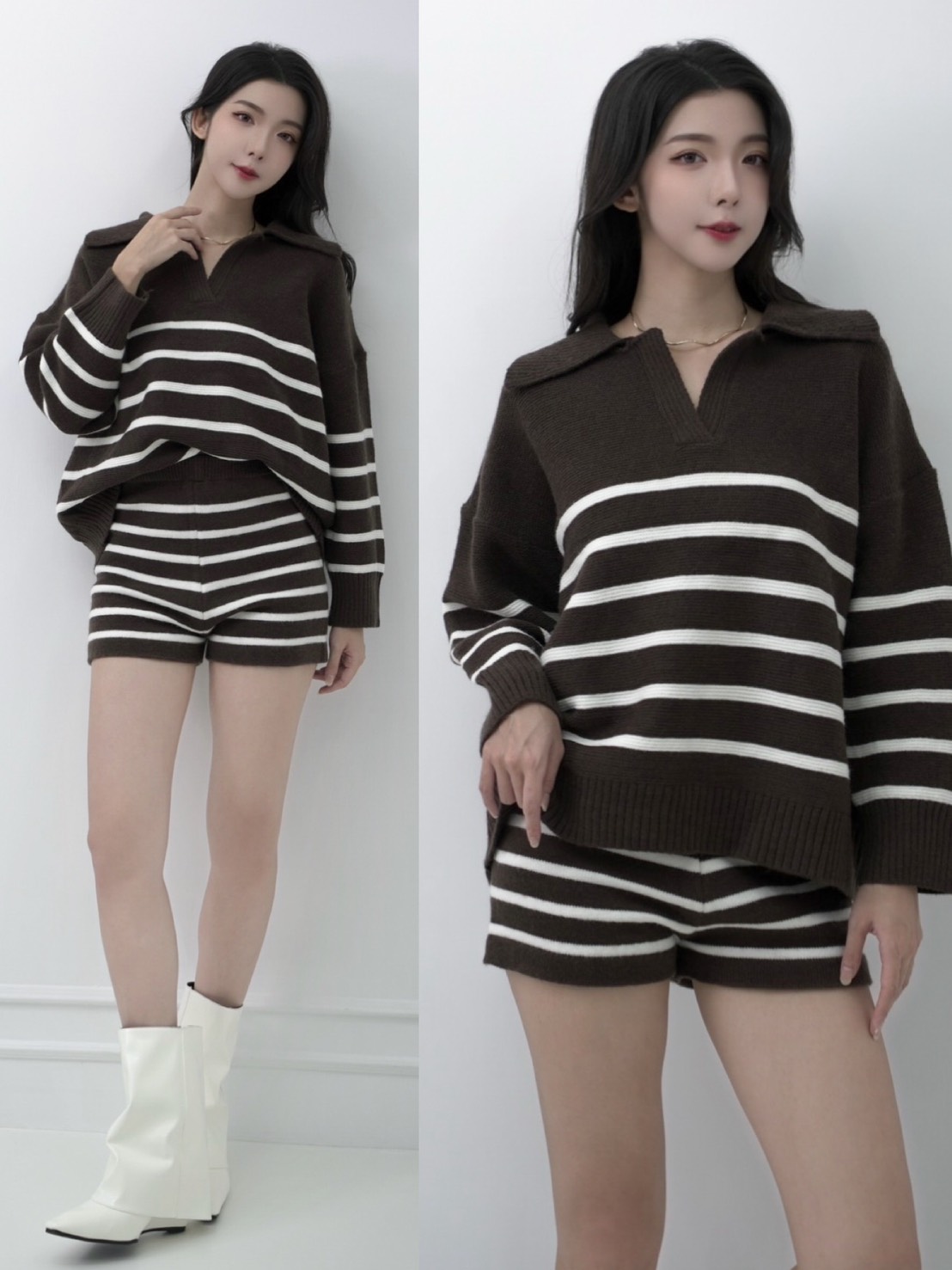 休閒條紋翻領針織上衣搭配鬆緊短褲（3色）
