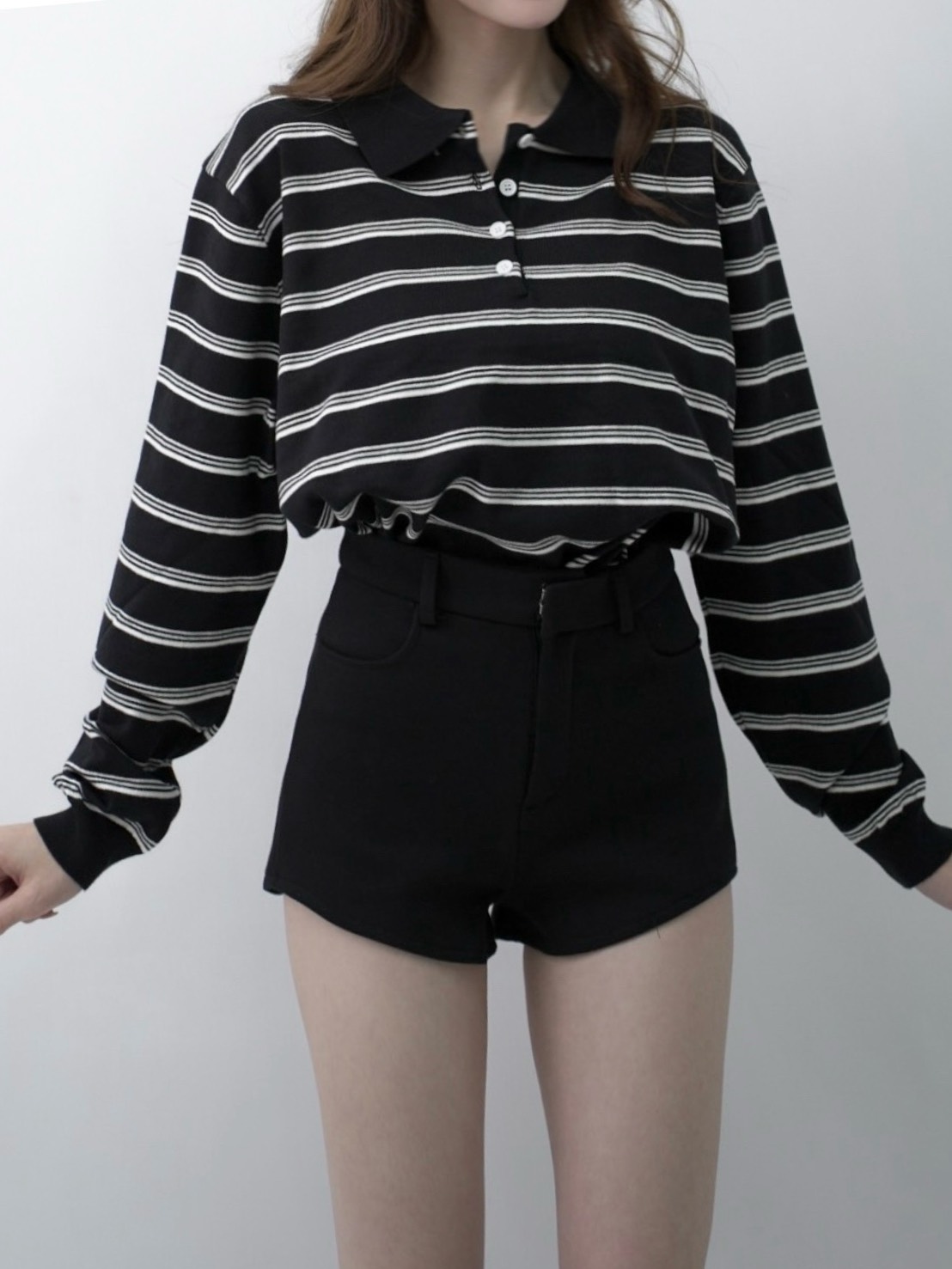 ➤條紋翻領小釦針織上衣(3色)