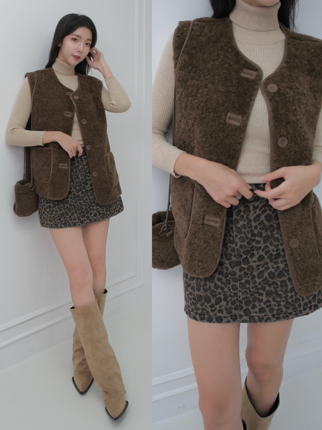 ➤QQ毛內麂皮背心式外套有附小包包 (3色)