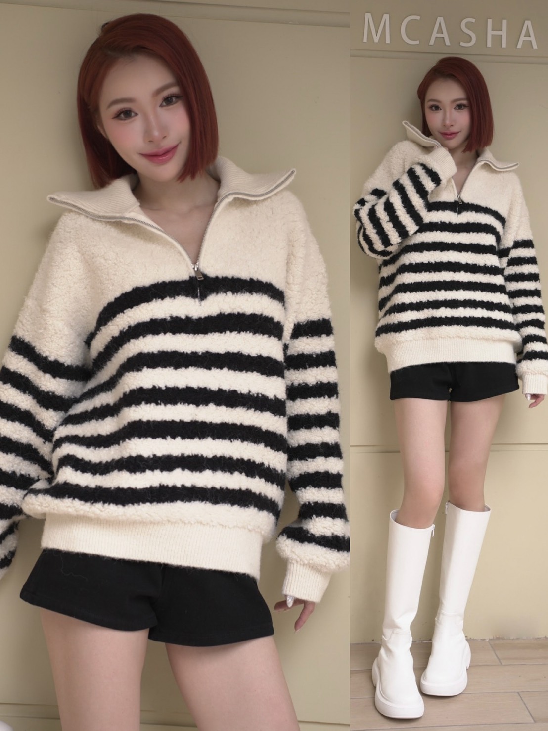 ➤正韓翻領QQ毛翻領拉鍊寬鬆毛衣(2色)