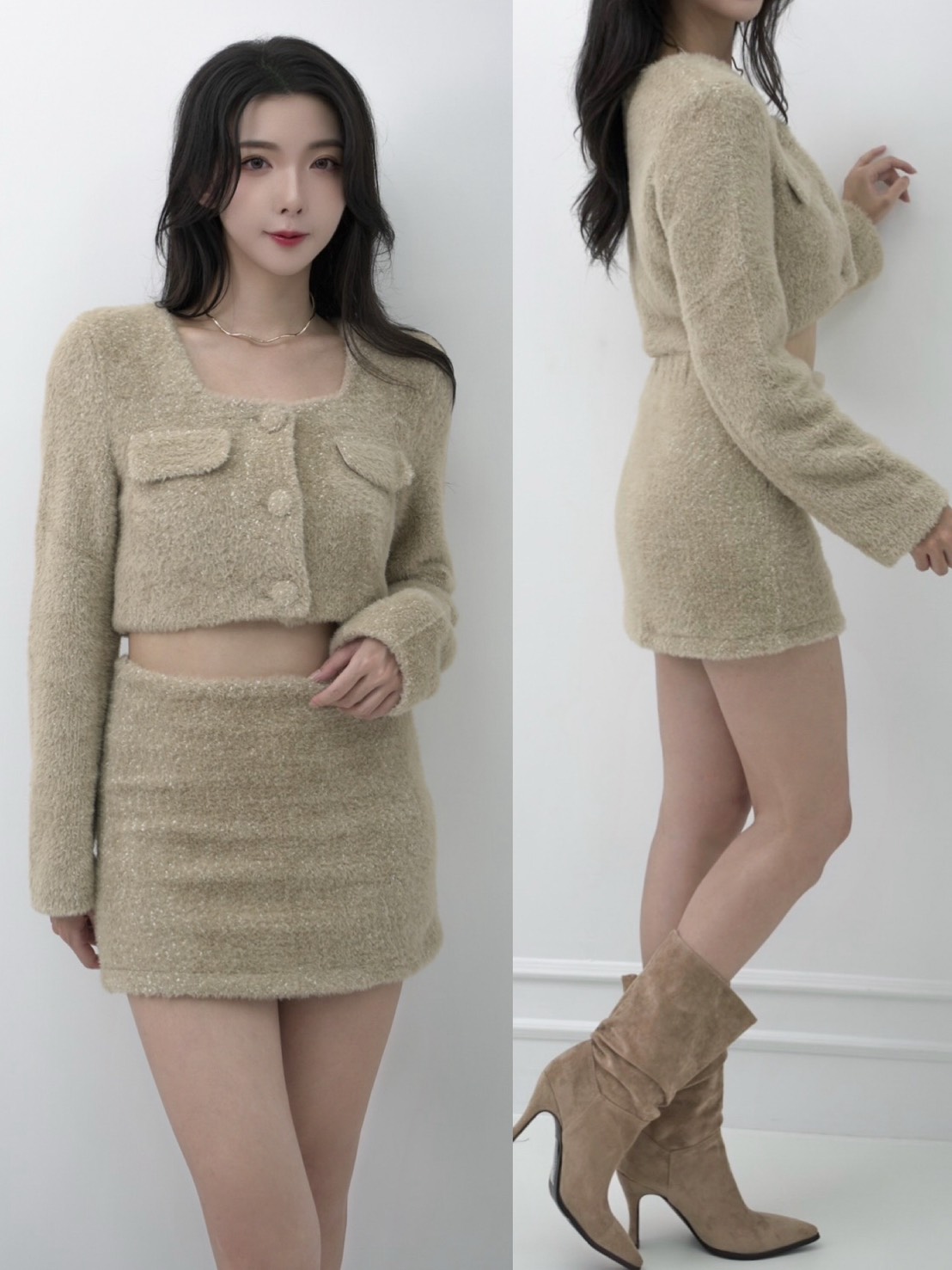 ➤水貂毛氣質方領上衣搭配鬆緊短裙