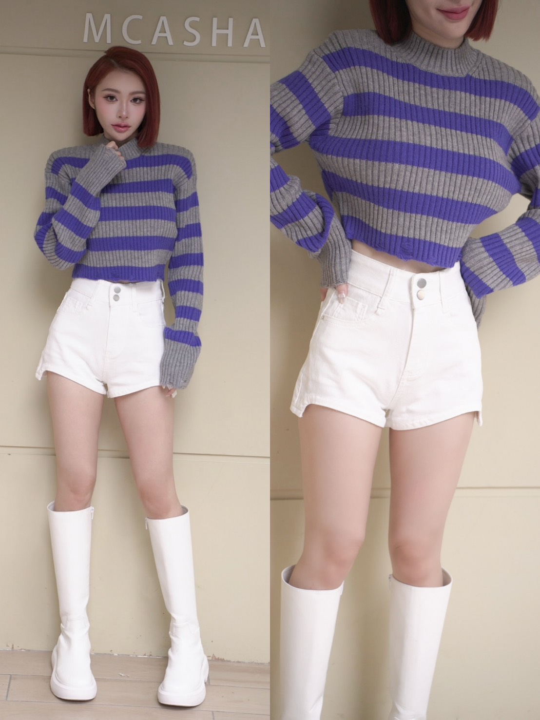 ➤正韓拼色橫條一字肩毛衣(2色)