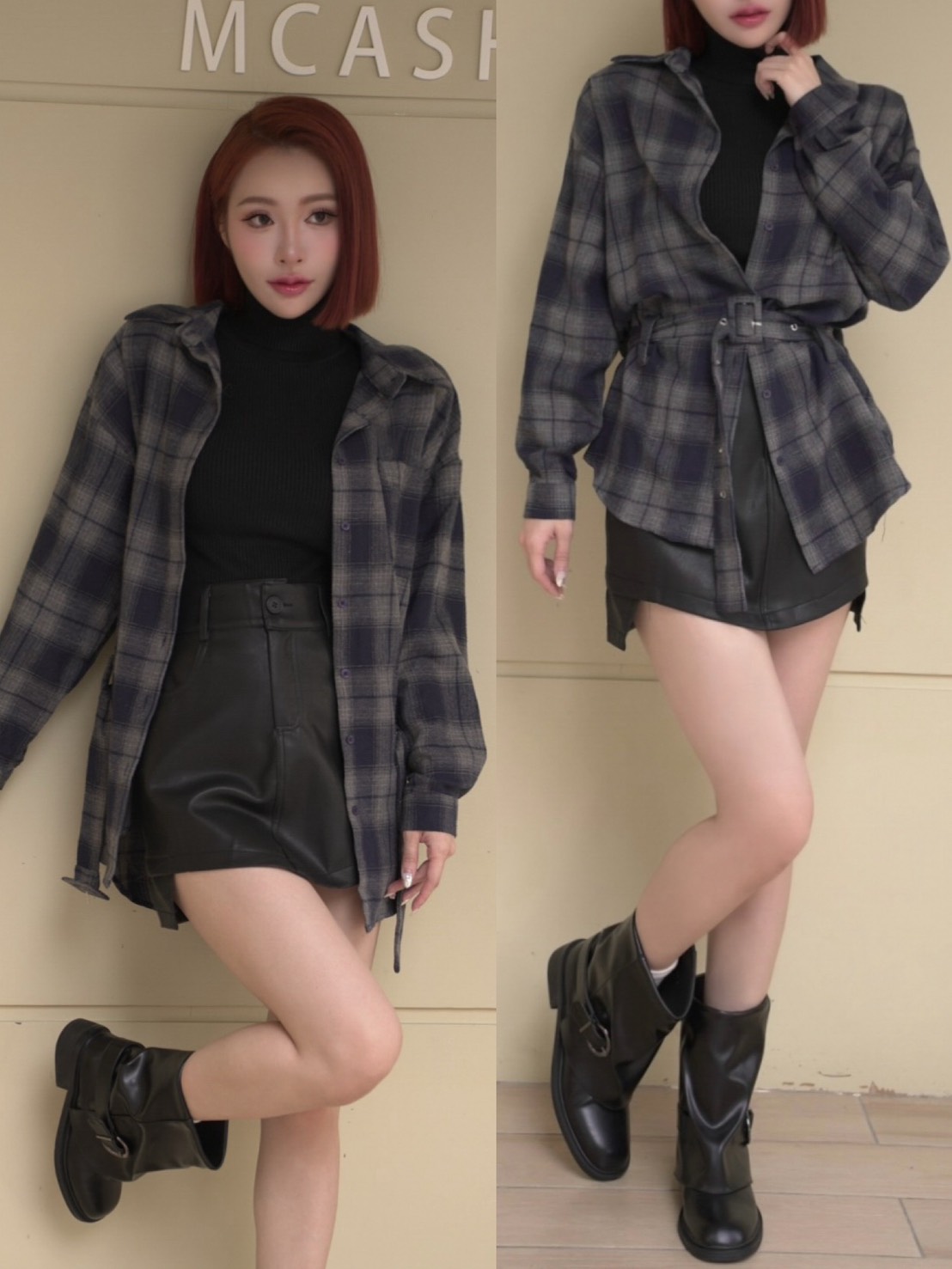 ➤百搭格紋毛呢綁帶襯衫（3色）