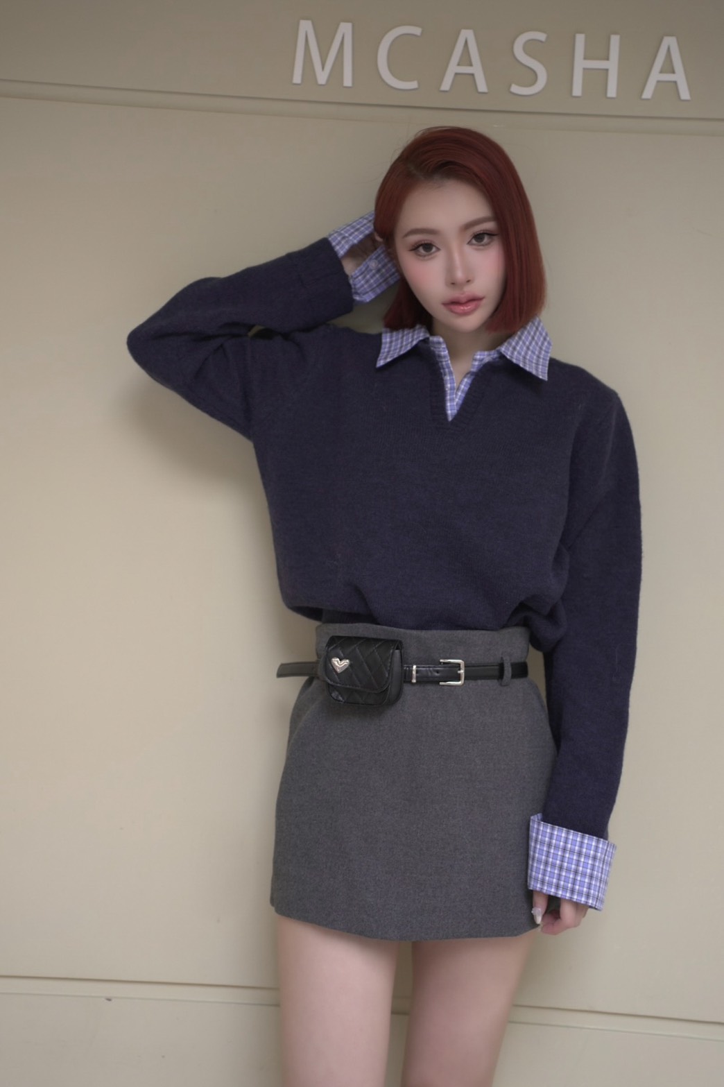 ➤小香風副皮帶小包毛呢短裙S~L (2色)