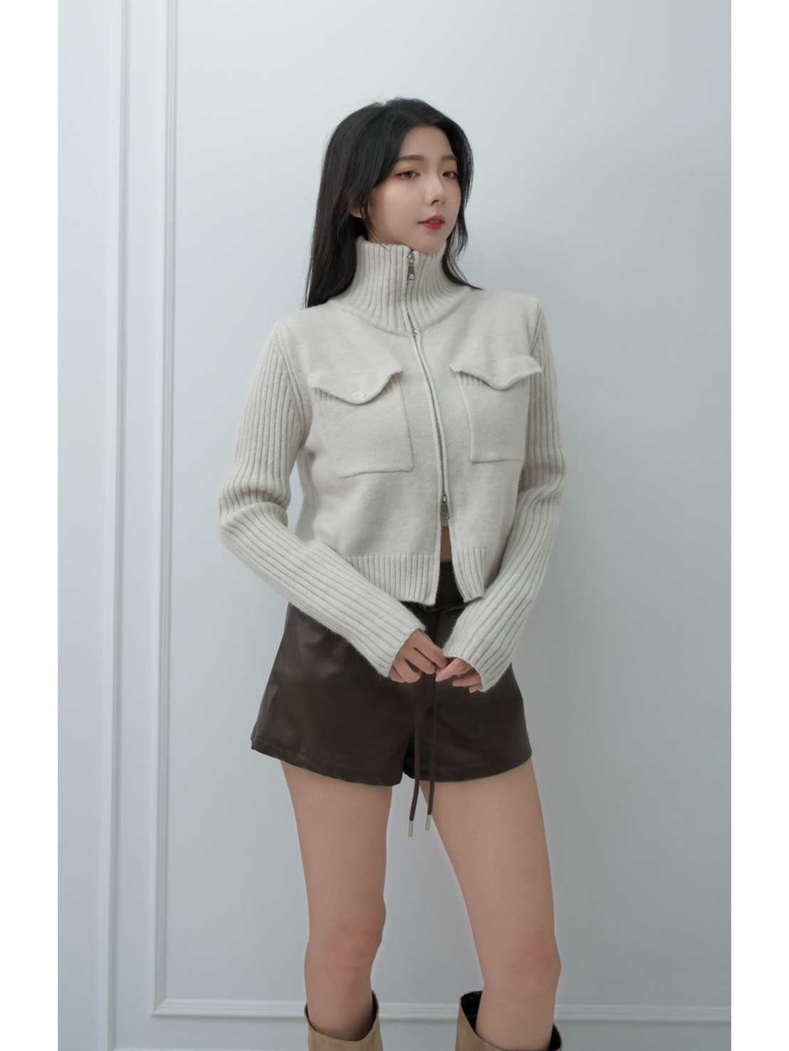 正韓雙拉鍊口袋立領針織上衣(2色)