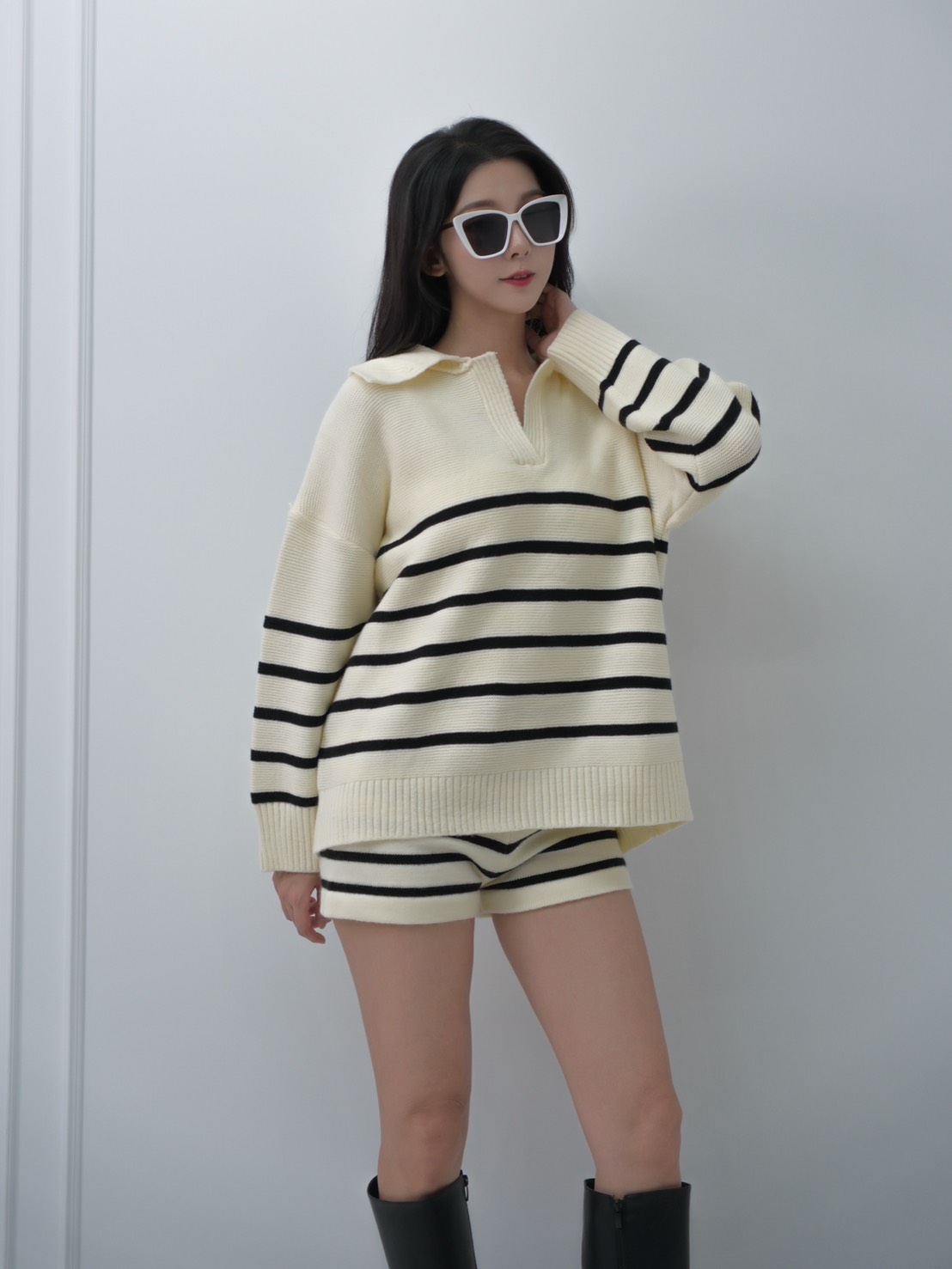 休閒條紋翻領針織上衣搭配鬆緊短褲（3色）