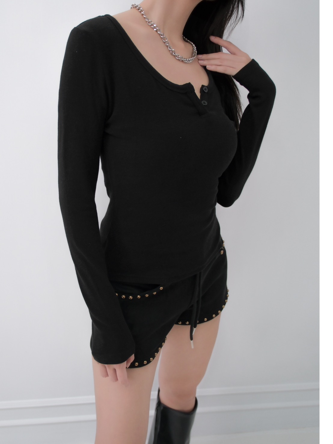 雙面磨毛長袖V領小釦上衣 (4色)