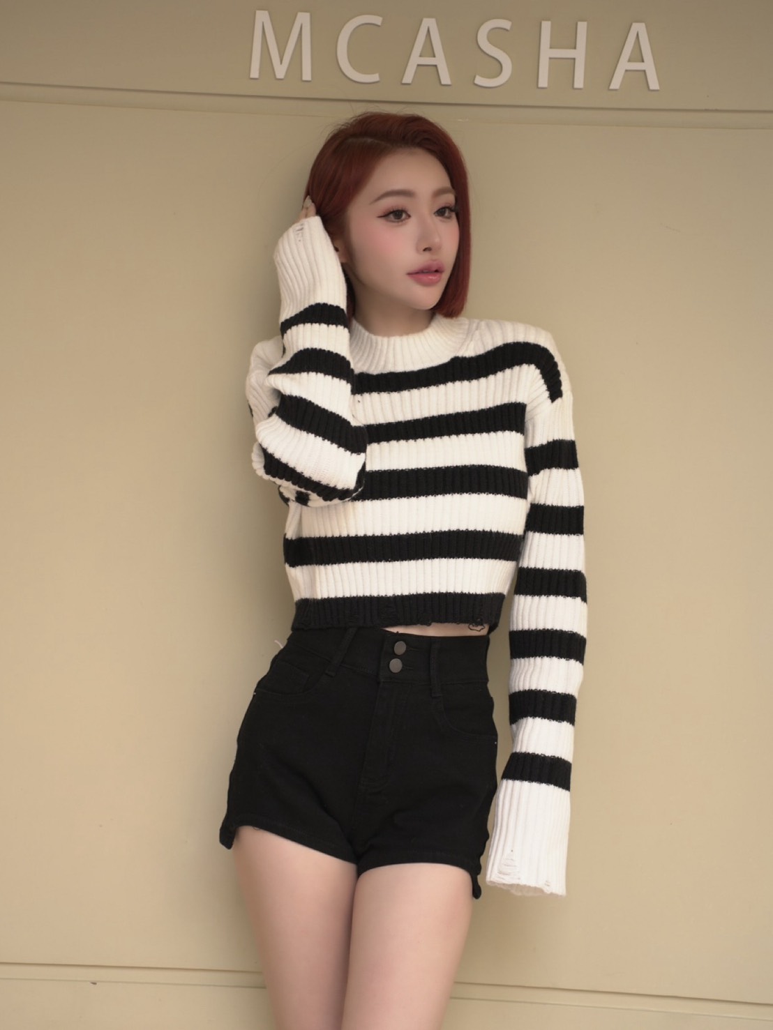 正韓拼色橫條一字肩毛衣(2色)