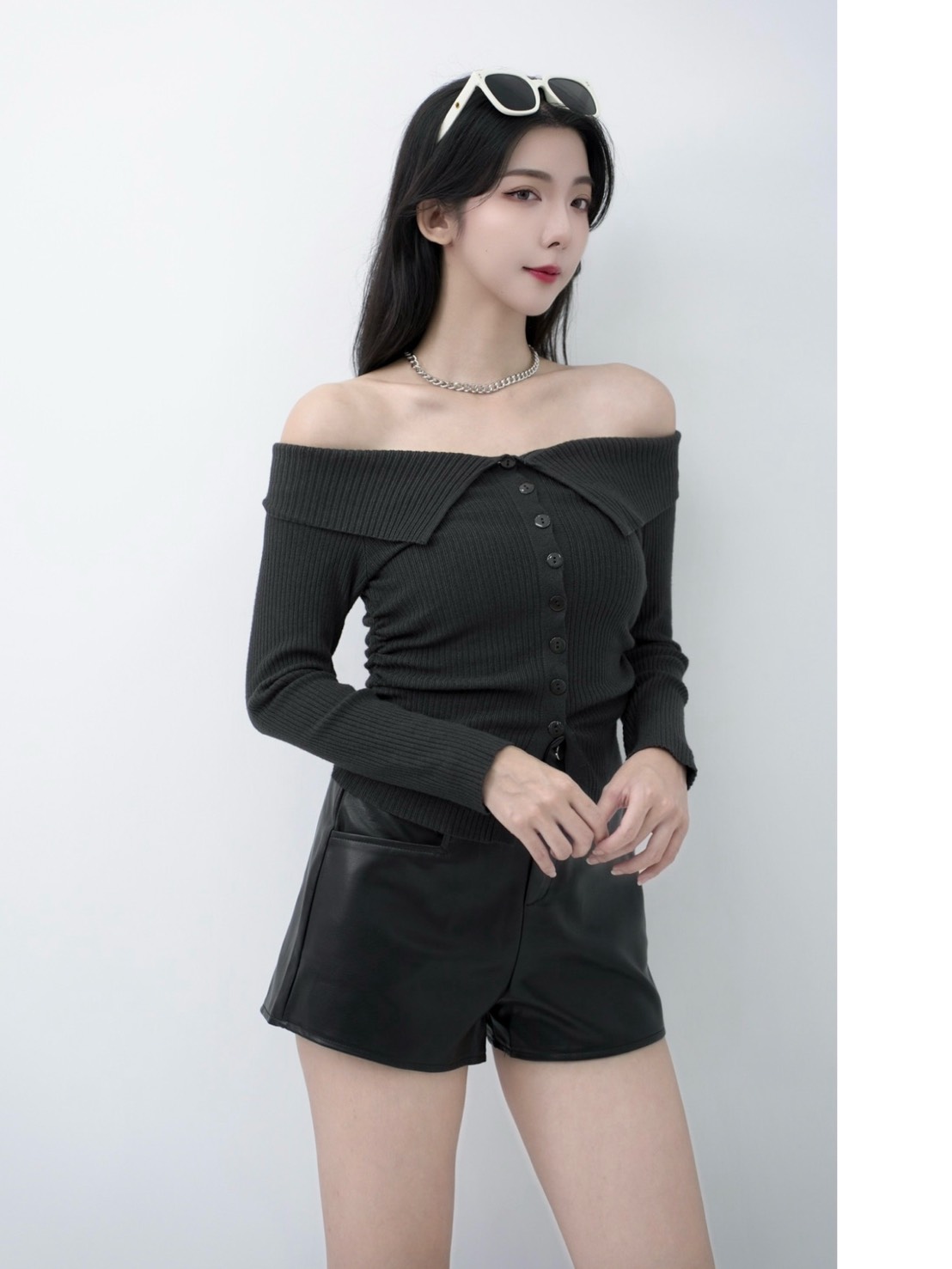 落肩氣質排釦針織上衣 (4色)