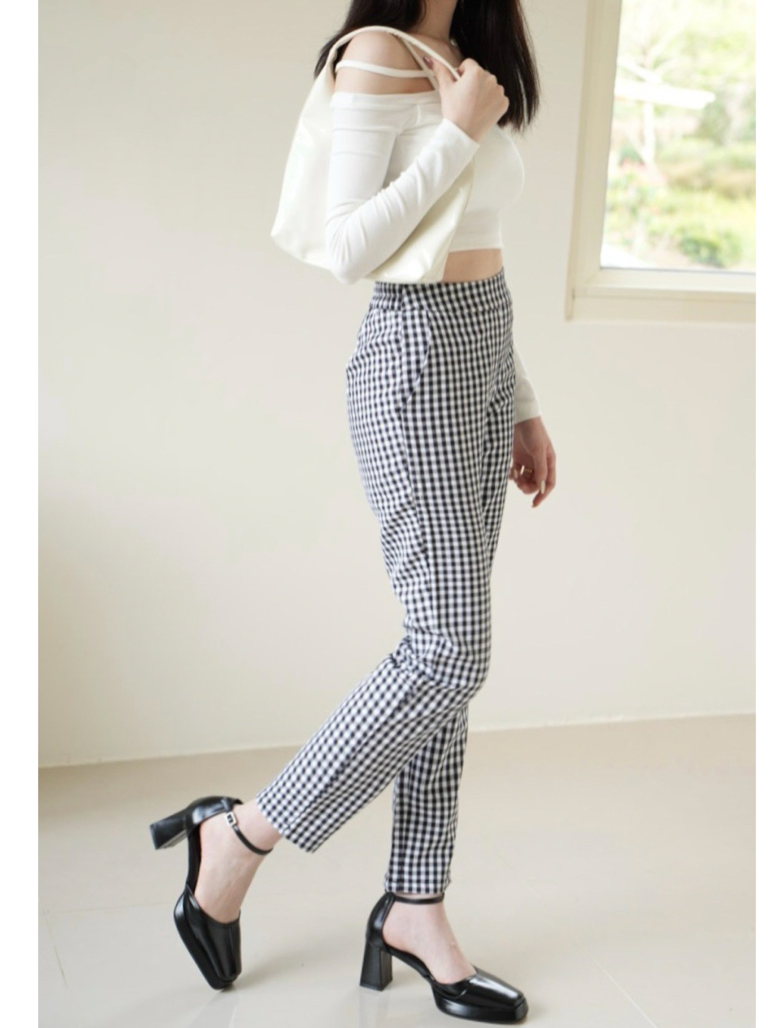 ➤春日鬆緊百搭格紋9分長褲