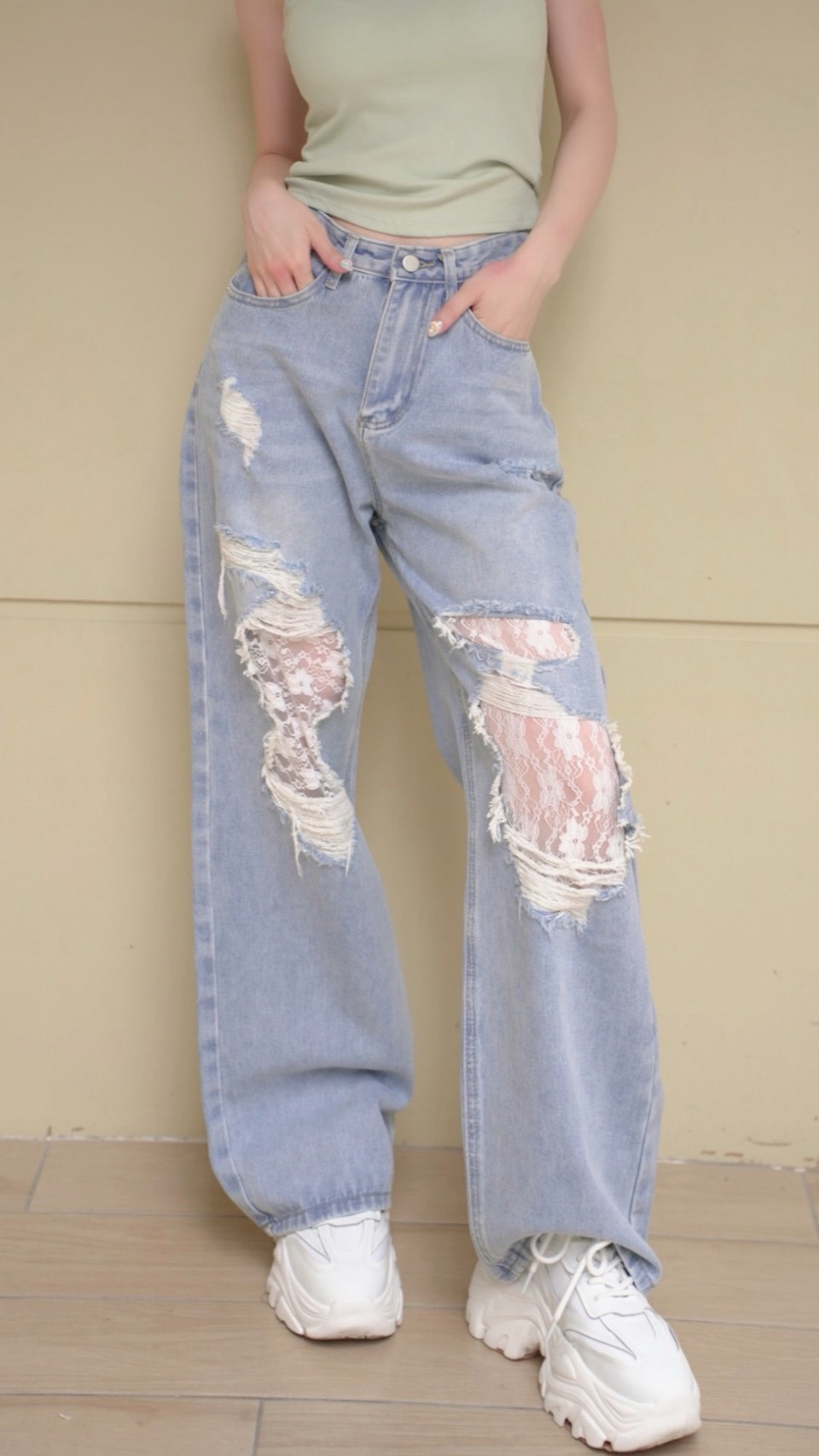 牛仔拼接蕾絲寬褲 S-L