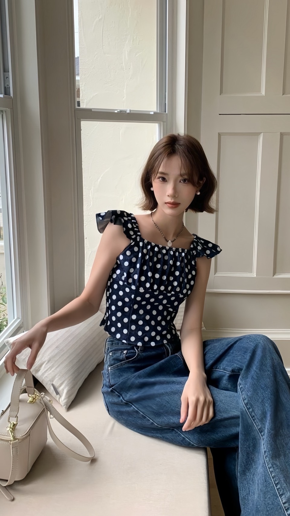 韓系時髦波點牛仔上衣