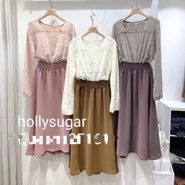 正韓-復古方領蕾絲拼接洋