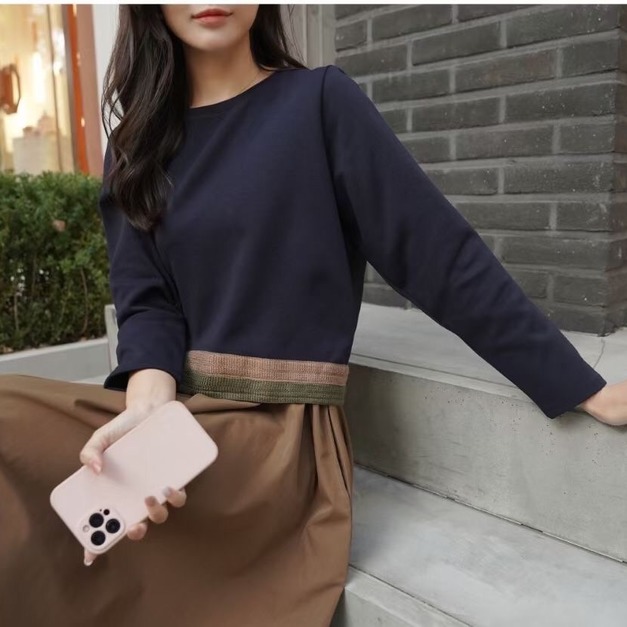 正韓-圓領腰織帶拼接洋