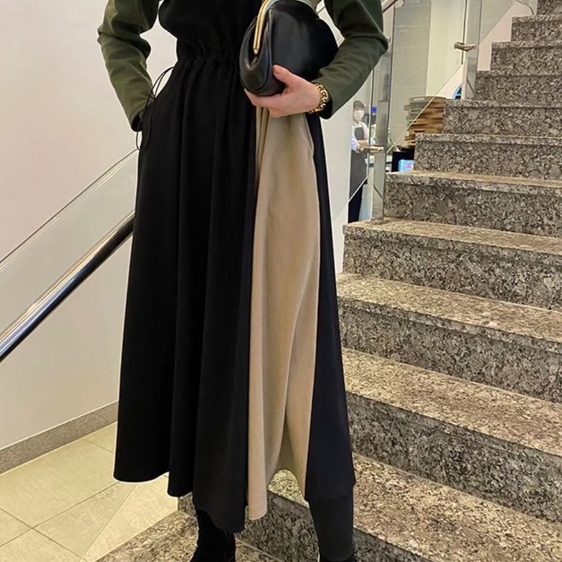 正韓-色塊拼接腰抽繩洋