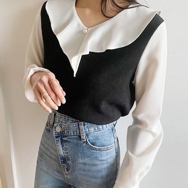 正韓-荷葉領拼接雪紡衫