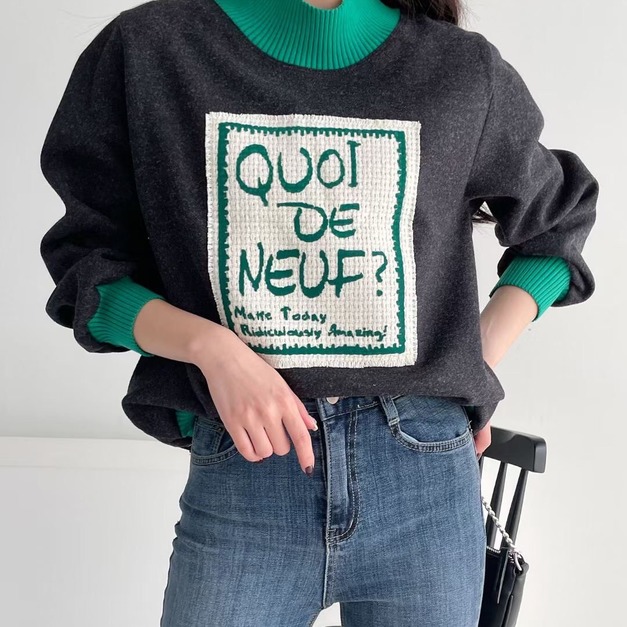 正韓-小立領拼接毛尼tee