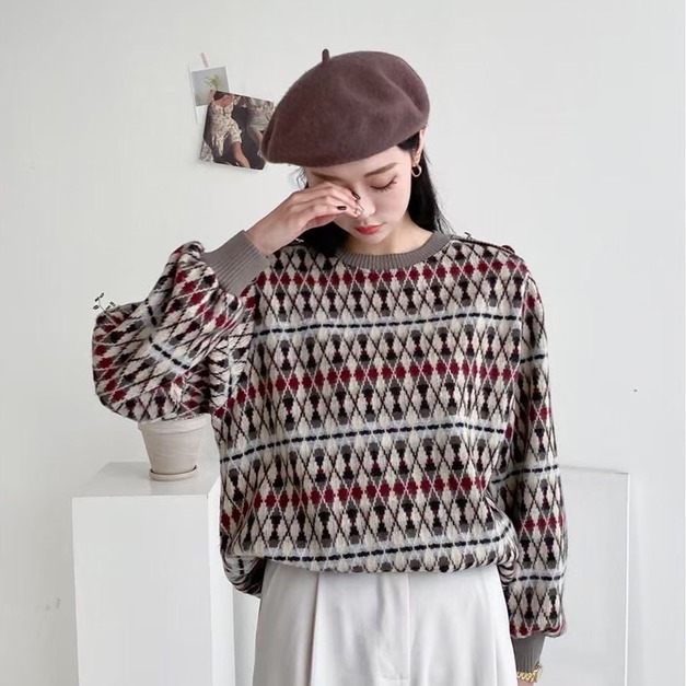 正韓-菱格紋圓領tee