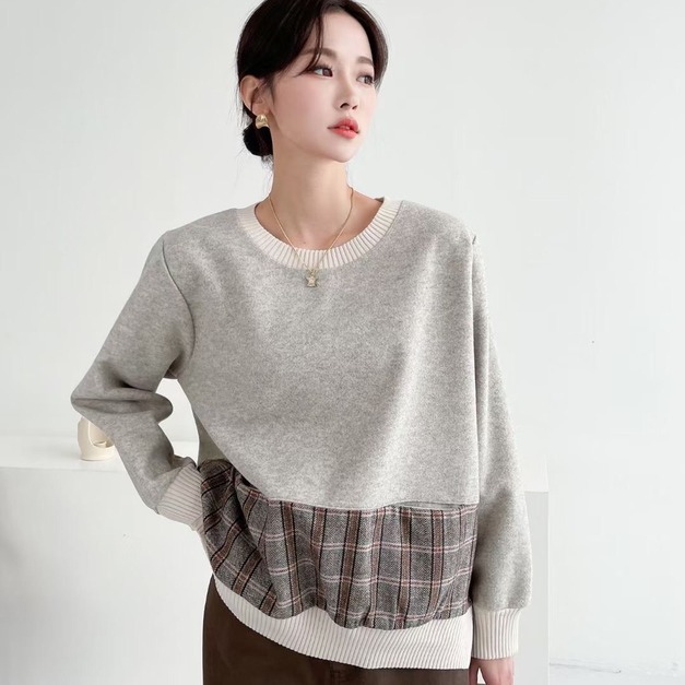 正韓-圓領接格紋TEE