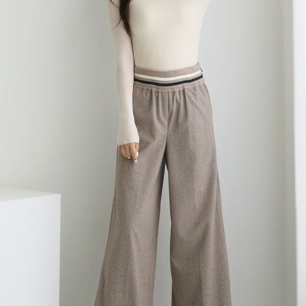 正韓-配色腰帶人字紋寬褲